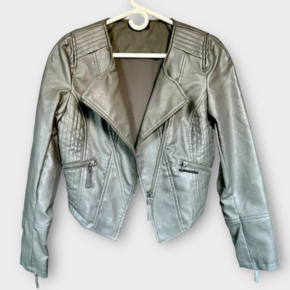 Asymmetrical Cropped Vegan Leather Moto Biker Jacket Grey Medium - Picture 2 of 16